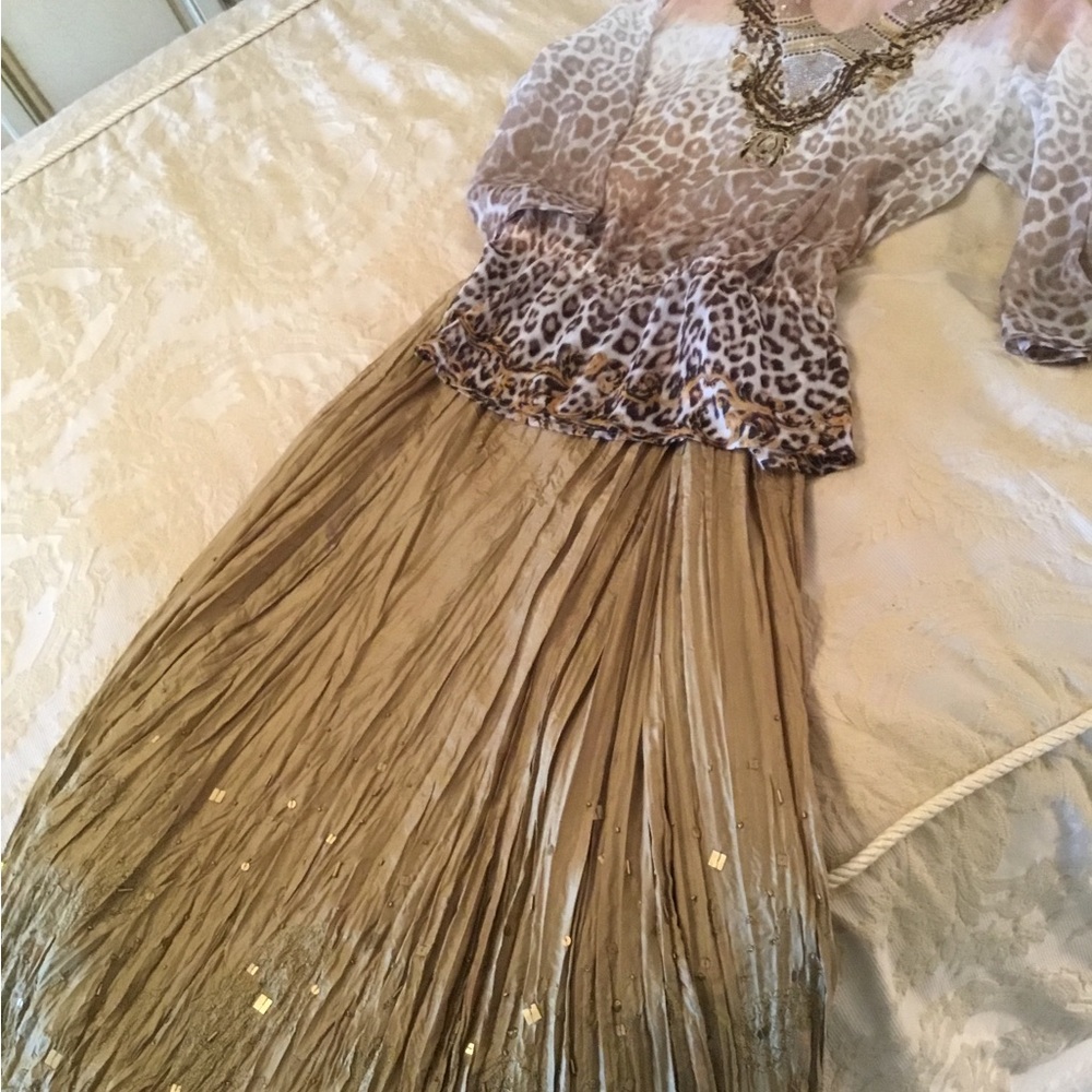 Chico's Gold Pleated Skirt and Animal Print Ensemble